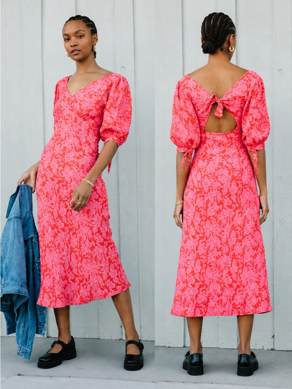 Rolla’s Sophie Floral Midi Dress Pink Open Back Puff Sleeve NWT Size S